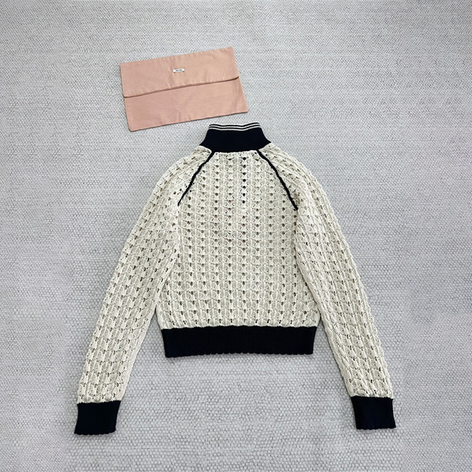 miumiu stand collar zip up hollow knit casual cardigan